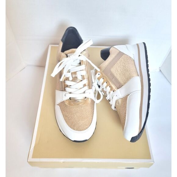 New! MICHAEL KORS Women's Billie Leather Sneakers Trainer Shoes Size 6 Pale Gold - Picture 12 of 15